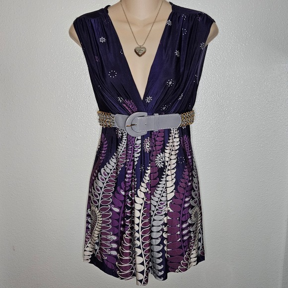 Blue Sketch Tops - Blue Sketch Purple Top V Neck Belted